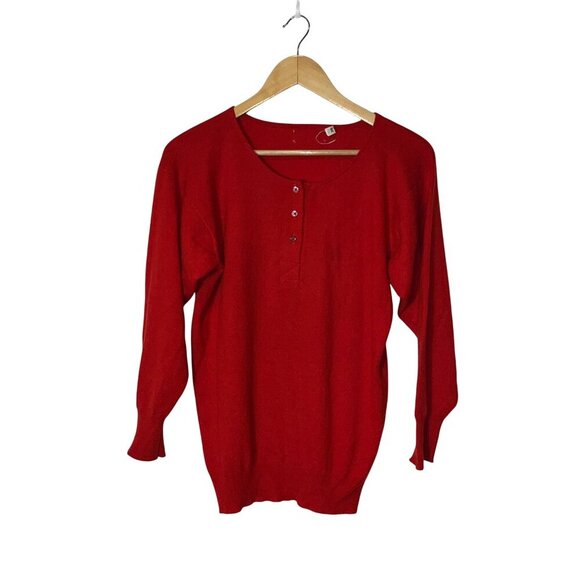 100% Cashmere Red 3/4 Sleeve Henley Sweater Soft Knit Button Placket Size 38 - Picture 1 of 7